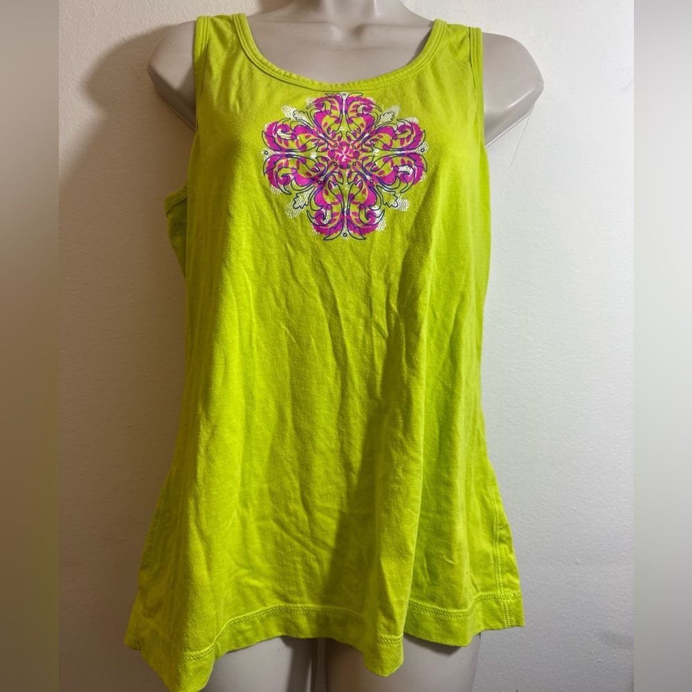Tek Gear Lime Green Sleeveless Top with Pink Embroidery Sz L GUC